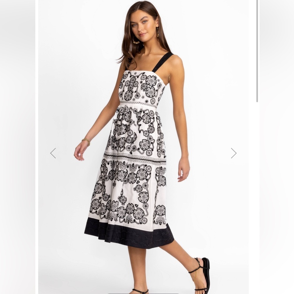 Johnny Was Womens L Mel Embroidered Midi Dress White Black Cotton Boho Parisian - Picture 4 of 9